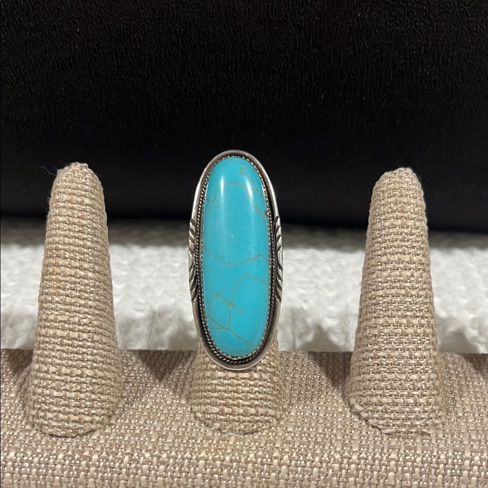 Goldie Lew Large Authentic Native American Turquoise Silver Ring Stamped Size 7